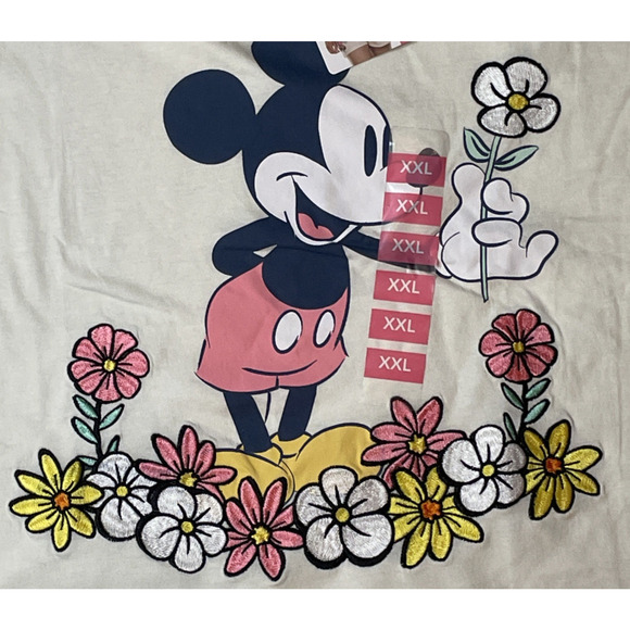 Disney Mickey Mouse Womens Size XXL Embroidered Flowers Cream SS T-shirt Freeze - Picture 3 of 12